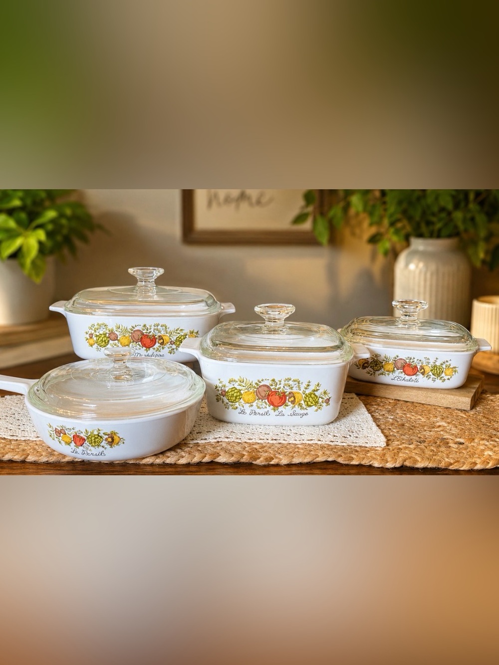 Vintage Corning Ware Spice of Life Casserole Set w/ Pyrex Glass Lids – 4 Pieces